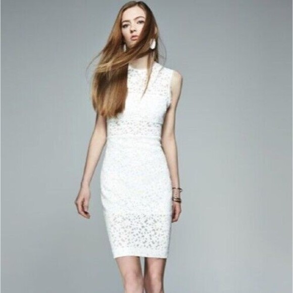 Elizabeth and James Levine Ivory Midi Dress Laser Cut Bodycon Sheer‎ Panel NEW 4 - Picture 3 of 15